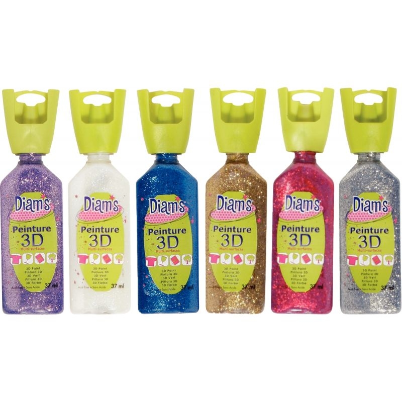 Assortiment de 6 flacons de 37ml de peinture pailletée DIAMS 6 couleurs assorties