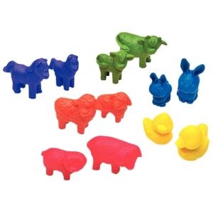 Baril de 144 animaux de la ferme 6 couleurs assorties : rouge, orange, bleu, violet, jaune et vert