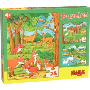 Boite de 3 puzzles 24 pièces, familles d’animaux