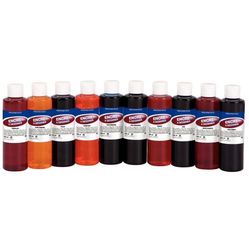 Boîte de 10 flacons 250ml d’encre à dessiner MAJUSCULE, coloris assortis