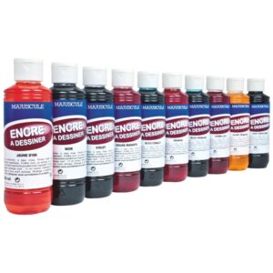 Boîte de 10 flacons 250ml d’encre à dessiner MAJUSCULE, coloris assortis