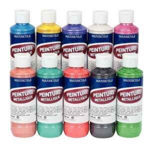 Boîte de 10 flacons de 250 ml de peinture acrylique métallique. 10 assortis : blanc, jaune, vermillon, rose, violet, bleu, vert clair, vert foncé, terre de sienne, noir