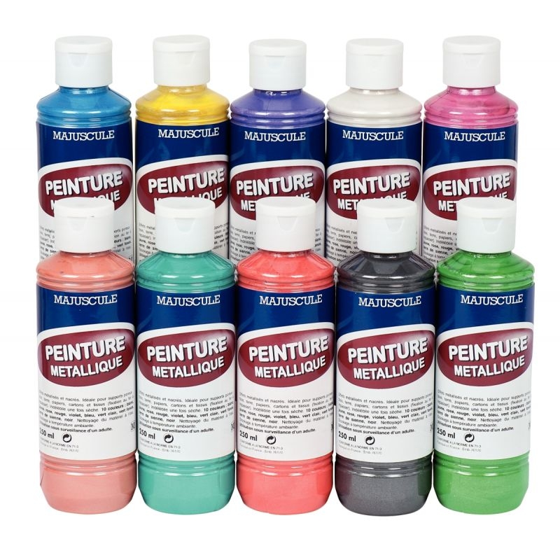 Boîte de 10 flacons de 250 ml de peinture acrylique métallique. 10 assortis  : blanc, jaune, vermillon, rose, violet, bleu, vert clair, vert foncé,  terre de sienne, noir