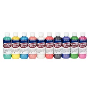 Boîte de 10 flacons de 250 ml de peinture acrylique métallique. 10 assortis : blanc, jaune, vermillon, rose, violet, bleu, vert clair, vert foncé, terre de sienne, noir