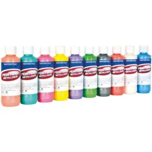 Boîte de 10 flacons de 250 ml de peinture acrylique métallique. 10 assortis : blanc, jaune, vermillon, rose, violet, bleu, vert clair, vert foncé, terre de sienne, noir