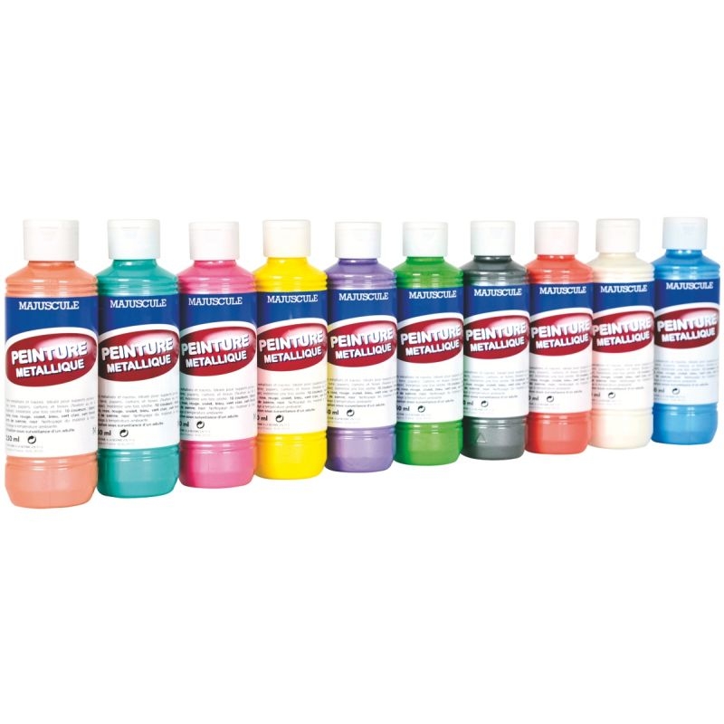 Boîte de 10 flacons de 250 ml de peinture acrylique métallique. 10 assortis : blanc, jaune, vermillon, rose, violet, bleu, vert clair, vert foncé, terre de sienne, noir