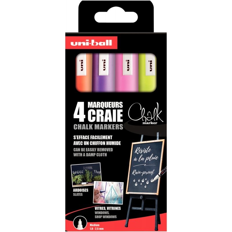 Boîte de 4 marqueurs craie Chalk assortis jaune fluo, orange fluo, rose fluo et violet