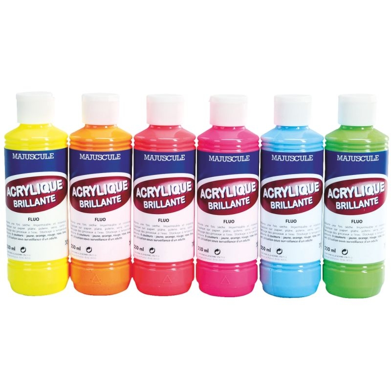 Boîte de 6 flacons de 250 ml de peinture acrylique brillante, couleurs fluo assorties