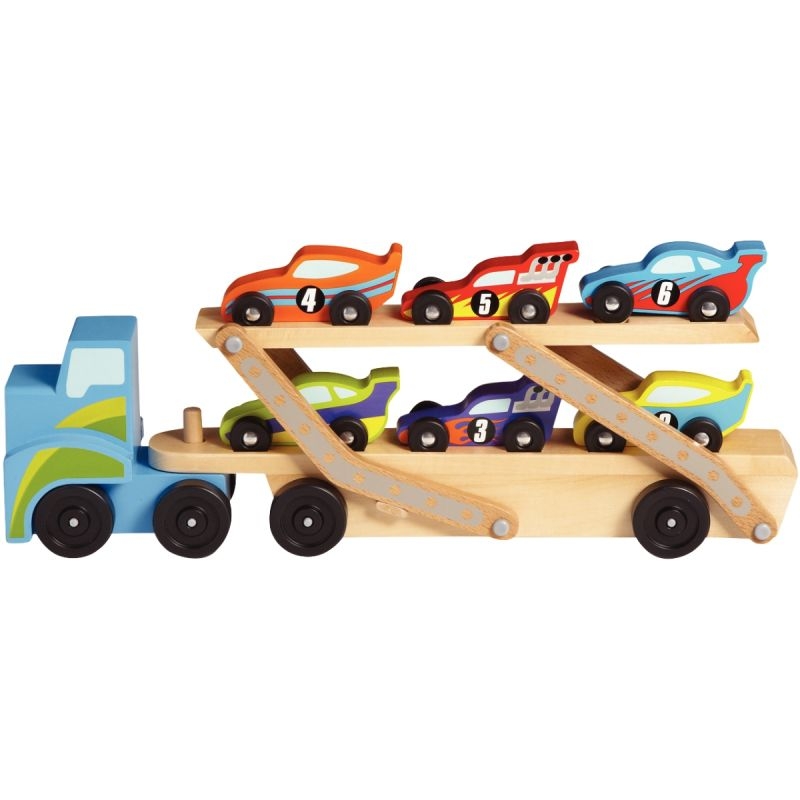 Camion porte-voitures de course en bois