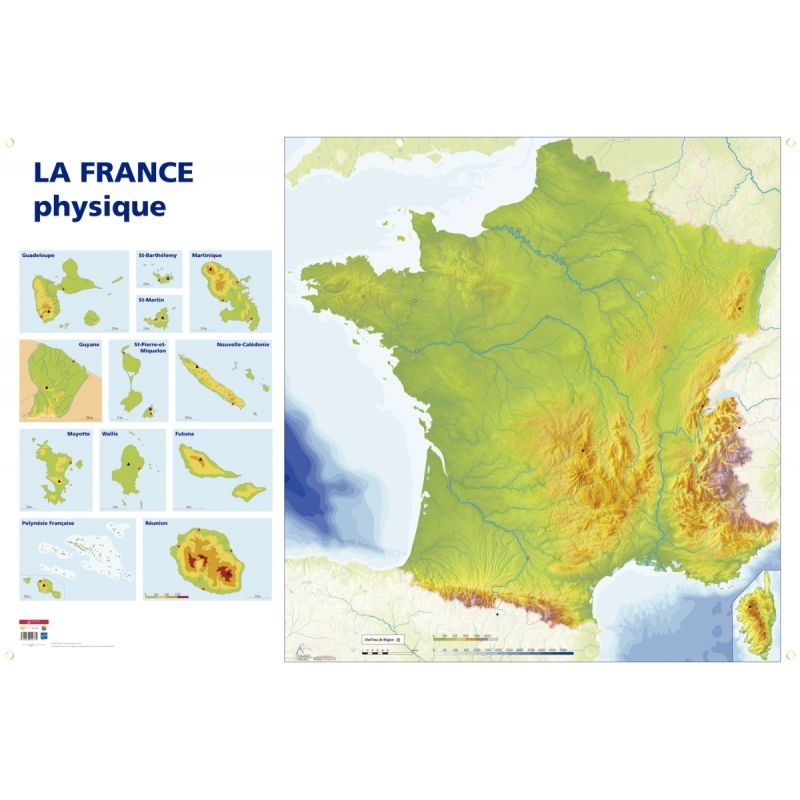 Carte de France physique. Dimensions : 1,20×0.80 mètre