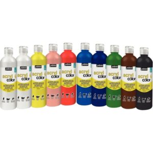 Carton 10 flacons 500 ml de peinture acrylique brillante ACRYLCOLOR couleurs standards