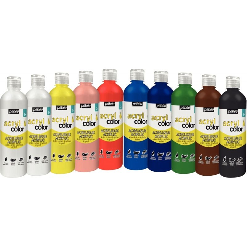 Carton 10 flacons 500 ml de peinture acrylique brillante ACRYLCOLOR couleurs standards