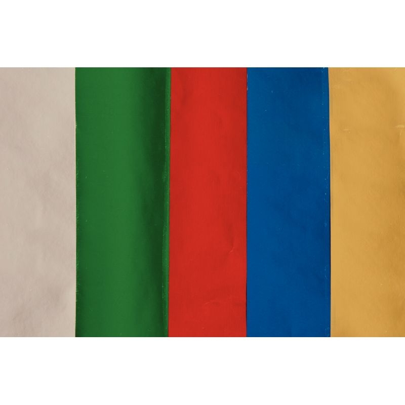 Carton de 10 rouleaux de papier métallisé 1 face 200x70cm couleurs assorties ( bleu, vert, rouge, or et argent )