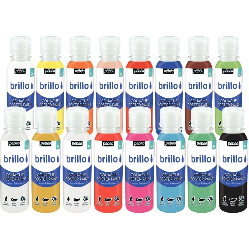 Carton de 16 flacons de 150 ml de gouache brillante BRILLO couleurs assorties