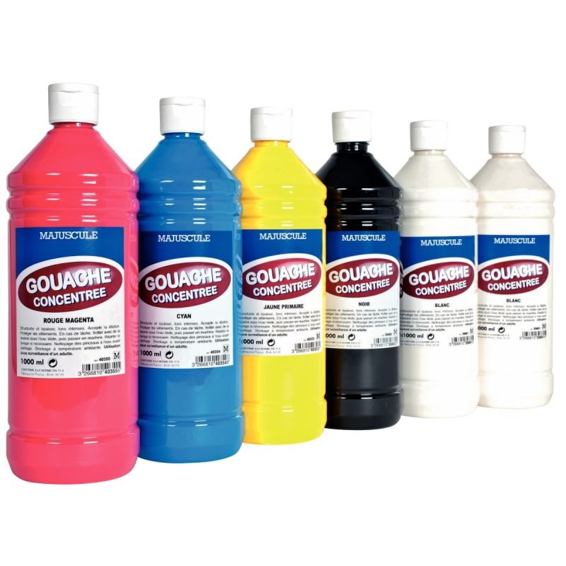 Carton de 6 flacons 1L de gouache concentrée MAJUSCULE, couleurs primaires