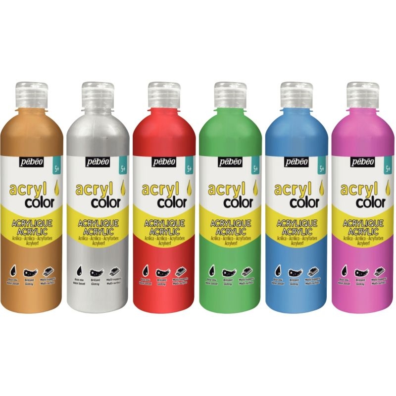 Carton de 6 flacons 500 ml de peinture ACRYLCOLOR couleurs métalliques et nacrées assorties