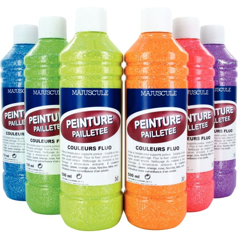 Carton de 6 flacons 500 ml de peinture pailletée fluo