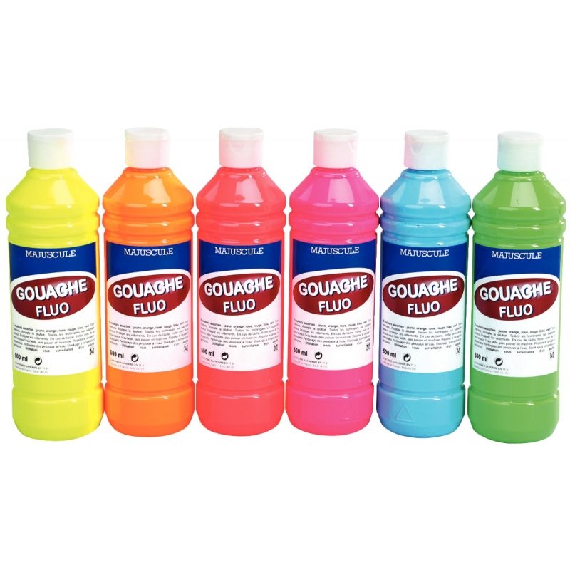 Carton de 6 flacons 500ml de gouache concentrée fluorescente, couleurs assorties + 10 pinceaux ronds synthétiques n°12