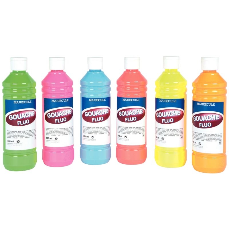 Carton de 6 flacons 500ml de gouache concentrée fluorescente, couleurs assorties + 10 pinceaux ronds synthétiques n°12