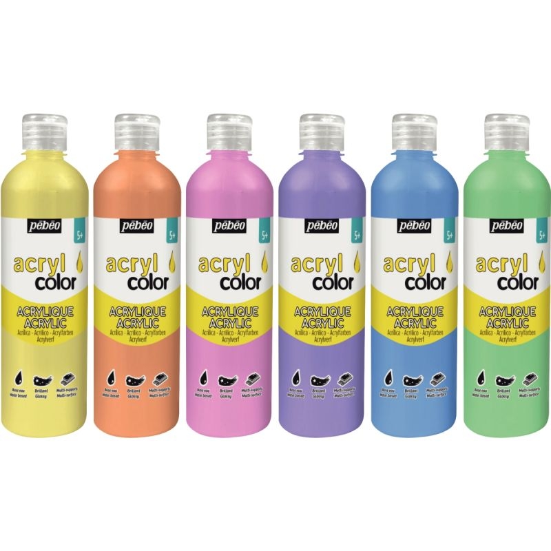 Carton de 6 flacons 500ml de peinture ACRYLCOLOR couleurs pastel assorties
