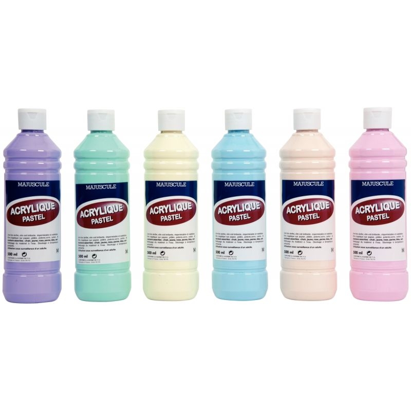 Carton de 6 flacons de 500 ml de peinture acrylique brillante, couleurs pastel assorties