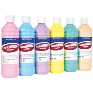 Carton de 6 flacons de 500 ml de peinture acrylique brillante, couleurs pastel assorties