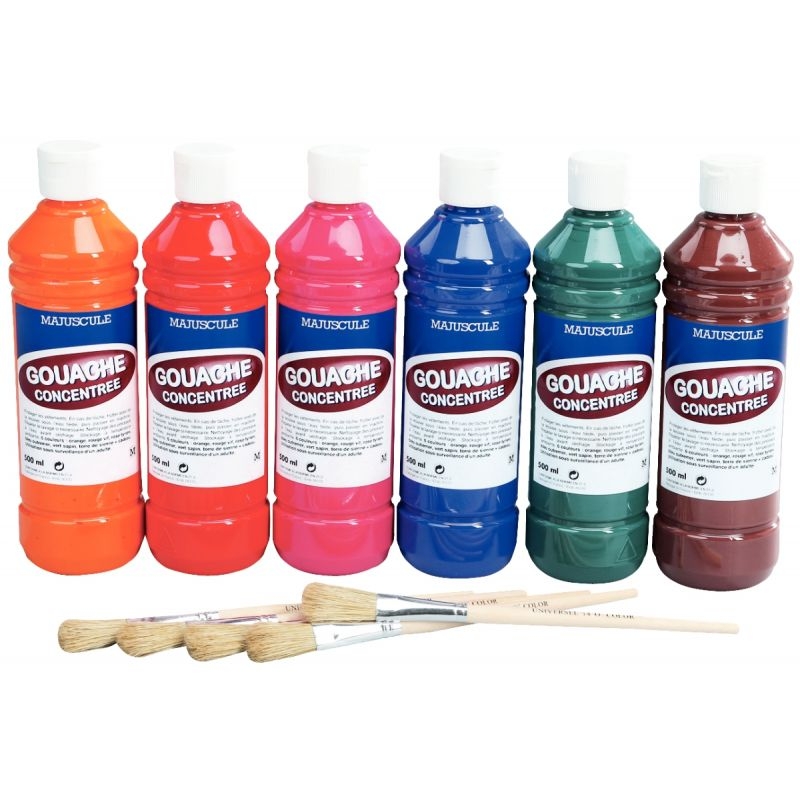 Carton de 6 flacons de 500ml de gouache concentrée MAJUSCULE + 5 brosses universelles en soie de porc n°14