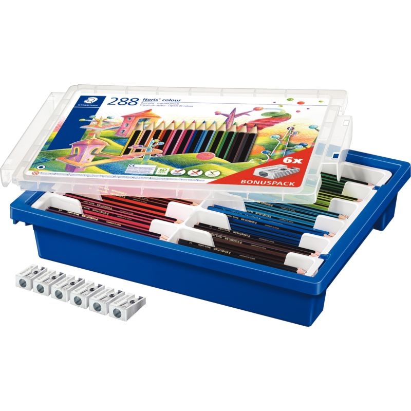 Classpack de 288 crayons de couleur Noris colour 185 assortis dont 24 gratuits + 6 taille-crayons métal 1 usage offerts