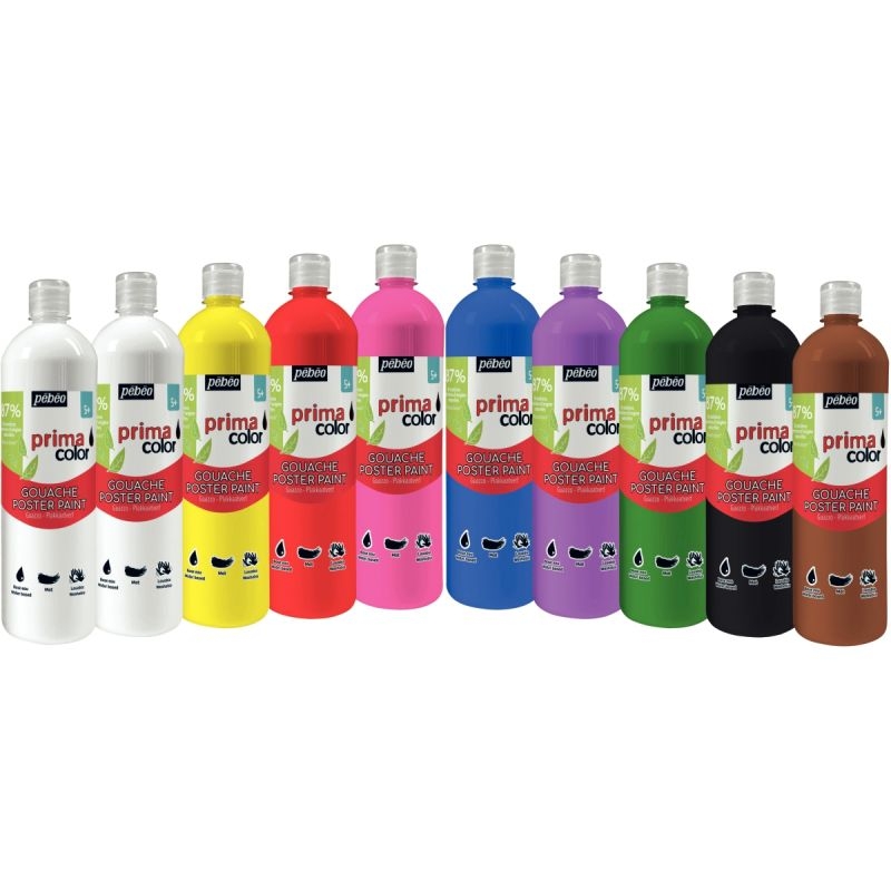 Lot de 10 flacons 1L de gouache PRIMACOLOR, couleurs assorties