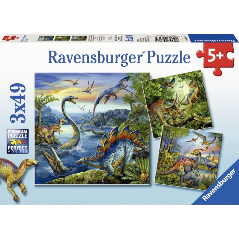 Lot de 3 puzzles 49 pièces en carton, les dinosaures
