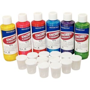 Lot de 6 flacons 250ml d’encre à dessiner métallique MAJUSCULE + 12 pots gradués 30ml offerts