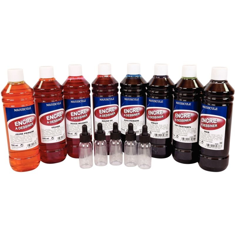Lot de 8 flacons 500ml d’encre à dessiner MAJUSCULE + 5 flacons compte-gouttes offerts