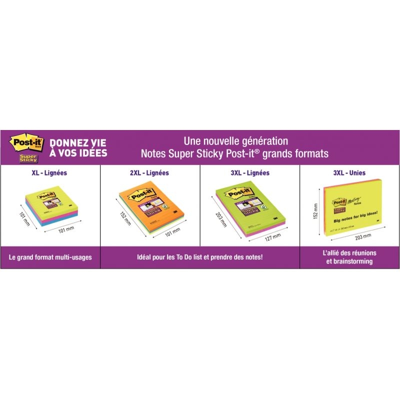 Paquet de 3 blocs notes Super Sticky jaune 70 feuilles