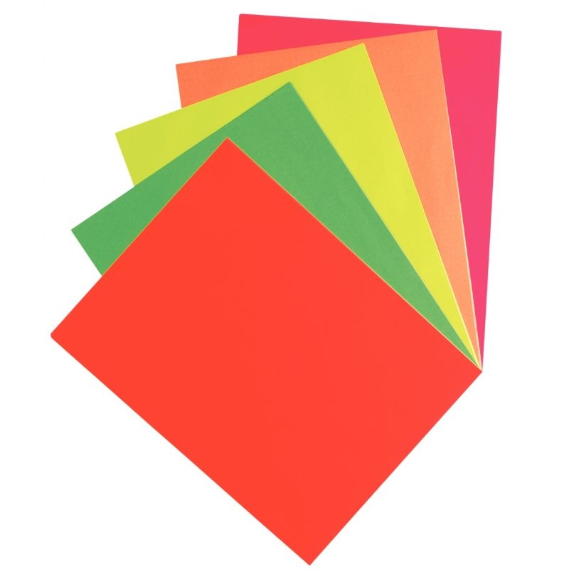Paquet de 50 feuilles affiche fluo 90 g format 29,7x42cm 5 couleurs assorties : vert, rouge, jaune, rose, orange