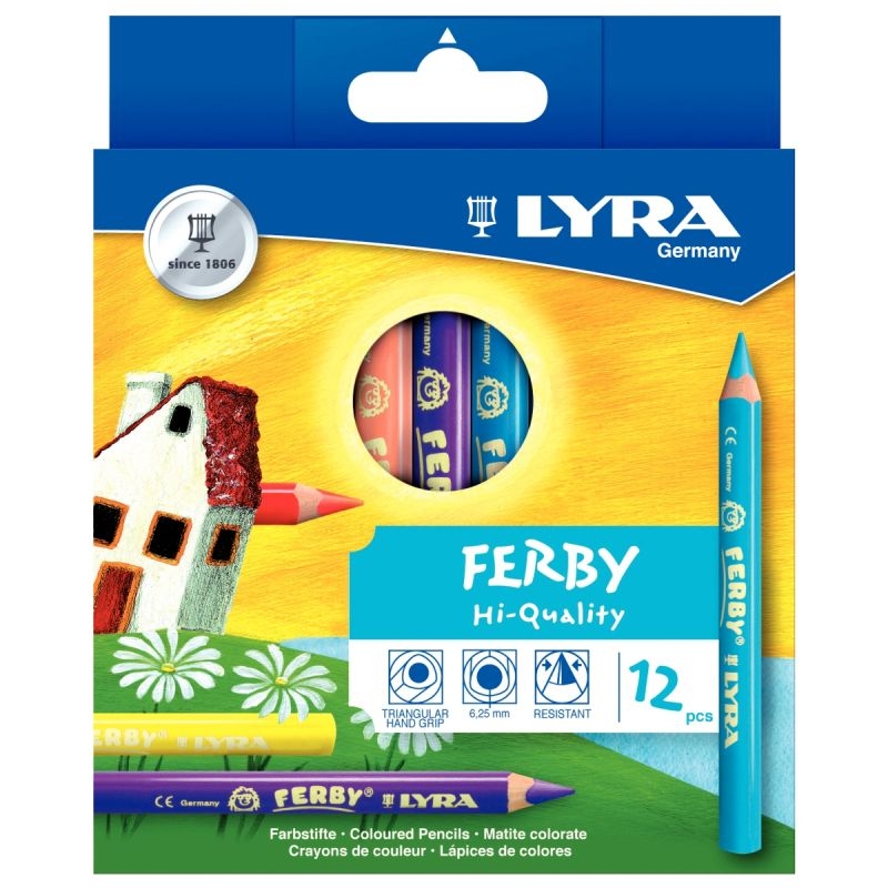 Pochette de 12 crayons de couleur Ferby triangulaires 12 cm couleurs assorties