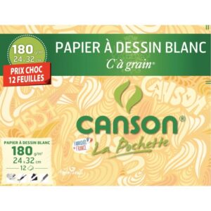 Pochette de 12 feuilles à dessin C à grain 180 g, format 24×32 cm