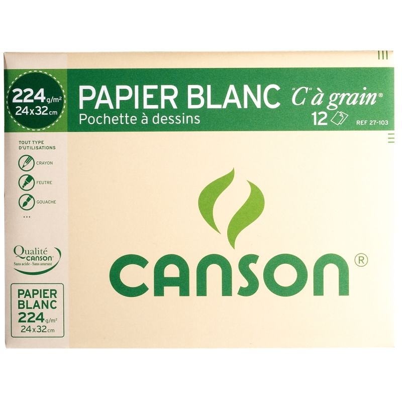 Pochette de 12 feuilles à dessin C à grain 224 g, format 24×32 cm