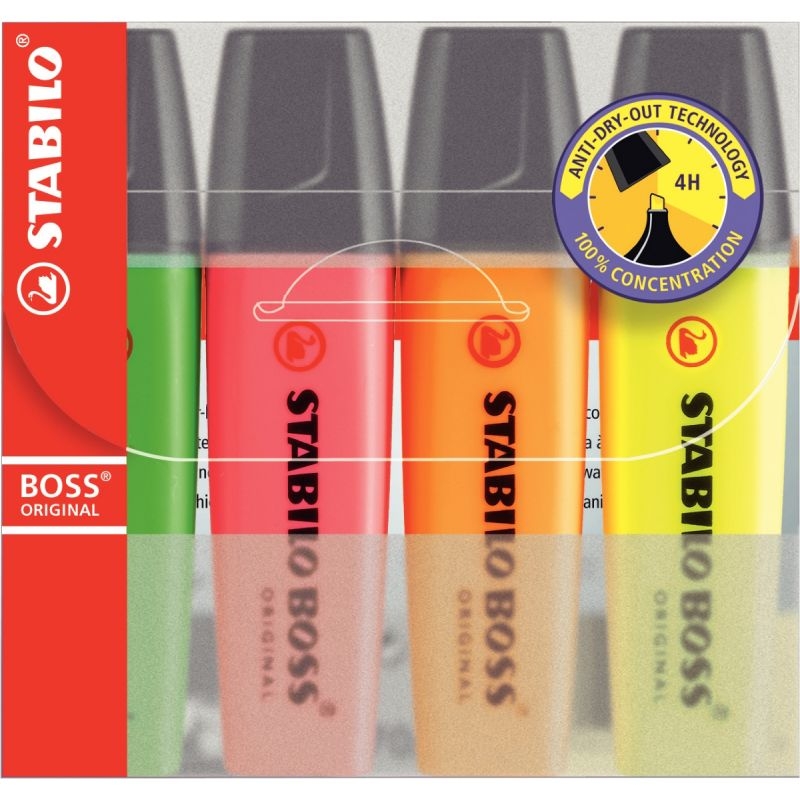 Pochette de 4 surligneurs STABILO BOSS encre universelle fluorescente assortis  jaune, rose, vert, orange