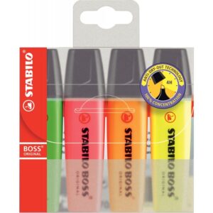 Pochette de 4 surligneurs STABILO BOSS encre universelle fluorescente assortis  jaune, rose, vert, orange