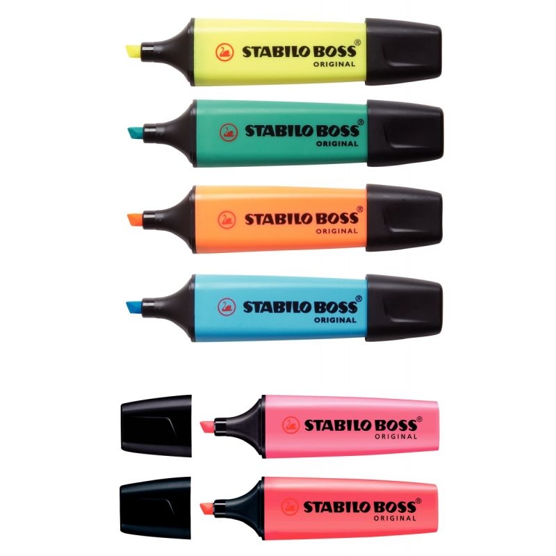 Pochette de 6 surligneurs STABILO BOSS encre universelle fluorescente assortis jaune, rose, vert, orange, bleu, rouge