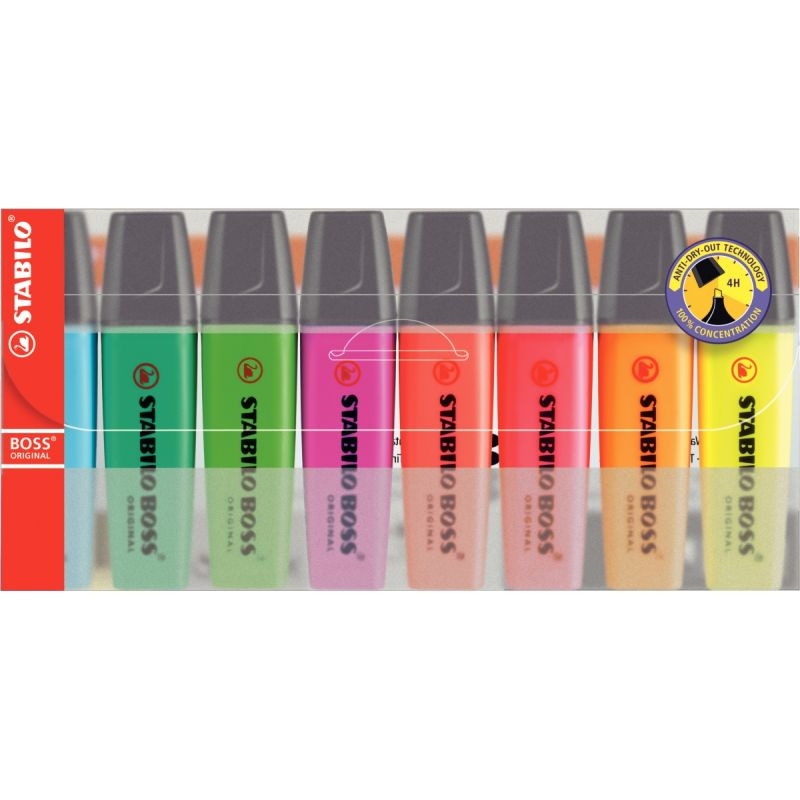 Pochette de 8 surligneurs STABILO BOSS encre universelle fluorescente assortis jaune, rose, vert, orange, bleu, rouge, lilas, turquoise