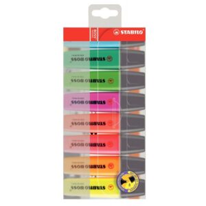 Pochette de 8 surligneurs STABILO BOSS encre universelle fluorescente assortis jaune, rose, vert, orange, bleu, rouge, lilas, turquoise