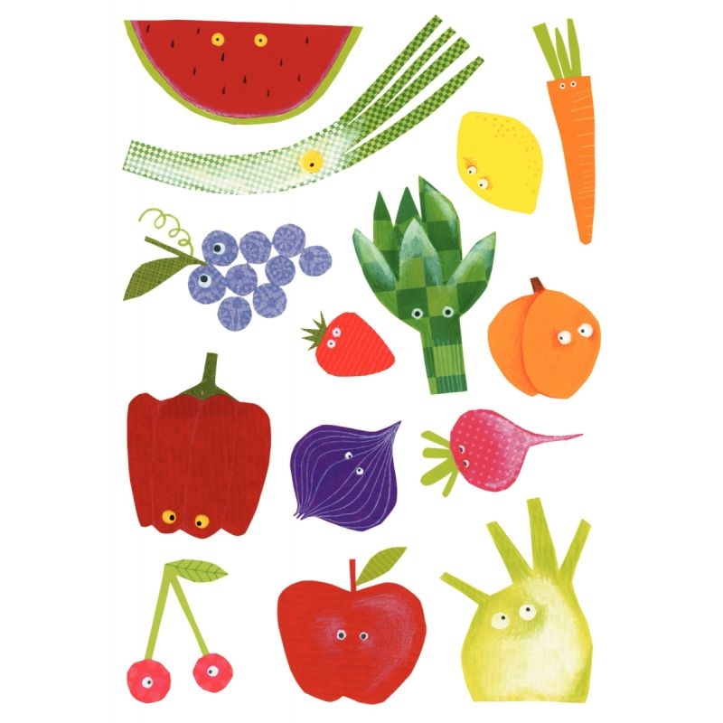 Pochette de 87 maxi gommettes fruits et légumes, adhésives repositionnables