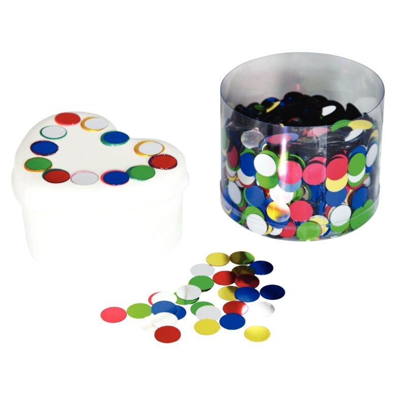 Pot de 5000 miroirs en plastique. Diamètre 1 cm 5 couleurs assorties : argent, or, violet, bleu, rouge et vert
