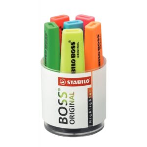 Pot de 6 surligneurs STABILO BOSS pointe biseautée au tracé de 2 à 5 mm assortis jaune, rose, vert, orange, bleu, rouge