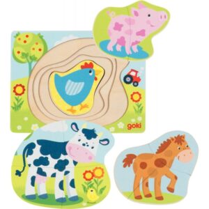 Puzzle 4 niveaux en bois, les animaux de la ferme, 10 pièces