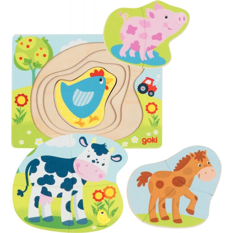 Puzzle 4 niveaux en bois, les animaux de la ferme, 10 pièces