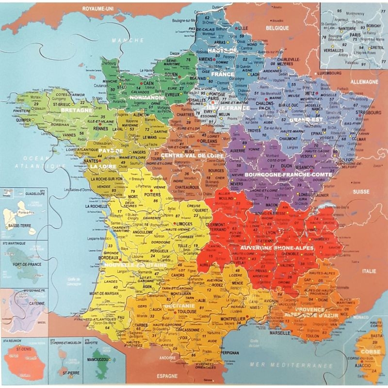 Puzzle en bois d’environ 100 pièces, la carte des départements de France