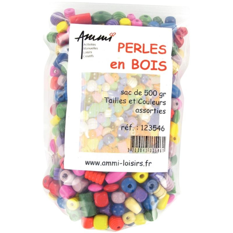 Sachet de 500 grammes de perles en bois mixtes couleurs vives assorties