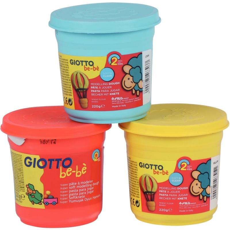 Set de 3 pots de 220G de pâte à jouer GIOTTO bébé couleurs assorties : jaune, bleu et rouge à base d’ingrédients naturels